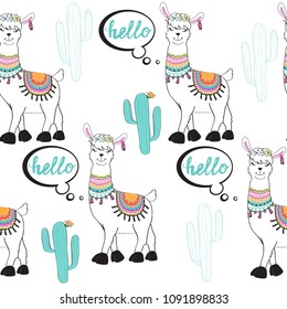 A funny llama says hello on a white background seamless pattern