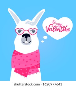 Funny llama in a scarf with hearts. Be my Valentine hand-drawn inscription