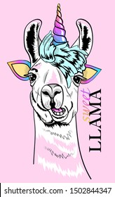 Funny llama with unicorn horn. Sweet llama  - lettering quote. Card, t-shirt composition, hand drawn style print. Vector illustration.