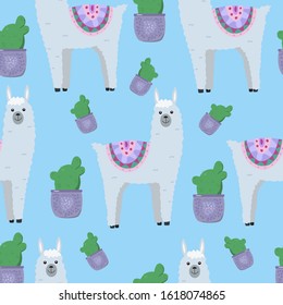Funny llamas seamless pattern for textile, fabric, paper, nursery. Vector illustration of cute animals with cactus.