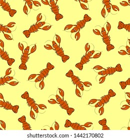 Funny lobster on the yellow background. Vector pattern.
