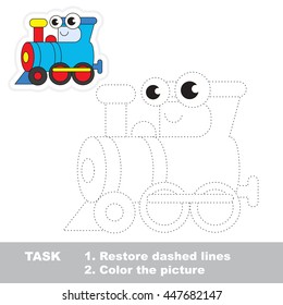 Funny locomotive in vector to be traced. Easy educational kid game. Simple level of difficulty. Restore dashed line and color the picture. Trace game for children.