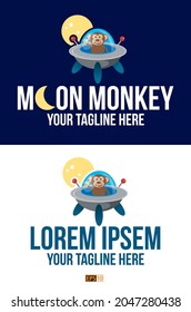 A funny logo of a cartoon monkey eating a banana in a spaceship entitled 'Moon Monkey' for pssible use as in kids clothing or T-Shirts