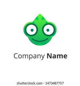 Funny logo with chameleon face, big eyes and smile. For branding and company identification. Character for your business. Cartoon style, vector design.