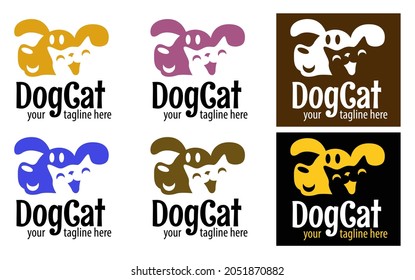 Funny logo from the combined muzzles of a cat and a dog. Pet store icon. Veterinarian clinic sign. Pet Supplies, Pet Food, and Pet Products emblem.