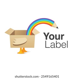 A funny logo of Creator shop. The illustration shows a goose made from a box, a rainbow pen and paws. This template can be used as a logo or illustration symbolizing creativity or an art supply store.