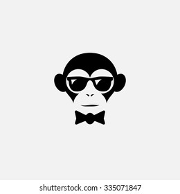 Funny Logo Design Template With Monkey In Glasses And Bow Tie. Vector Illustration.