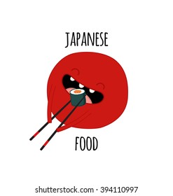 Funny logo for Japanese food. Red sun eating sushi. Vector illustration. Use for card, poster, banner, web design and print on t-shirt. Easy to edit. Vector illustration.