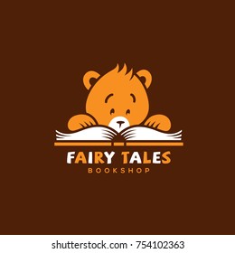 Funny logo template design for bookshops with a reading bear and a book. Vector illustration.