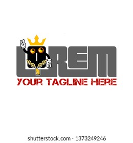 Funny logo with vector cartoon monster. Logofor DJ. Cute monster with  crown. 