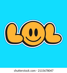 Funny lol quote with smile smiley emoji face. Vector cartoon character illustration logo.Smile smiley yellow face,lol text print for t-shirt,poster,card concept
