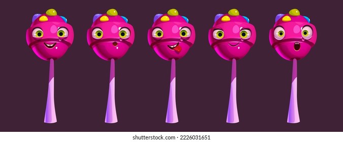 Funny lollipop character face emoji set, cartoon pink candy on stick ui comic game personage, happy, surprised wow face and show tongue emotions. Cute happy sweet food mascot, Vector illustration