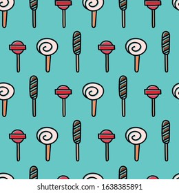 Funny lollipop pattern. Line made drawing. Blue background. Editable vector.