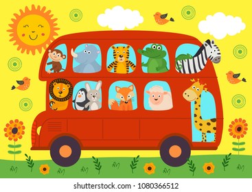 funny London Bus with animals - vector illustration, eps