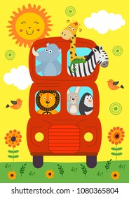 Funny London Bus With Animals View Front - Vector Illustration, Eps
