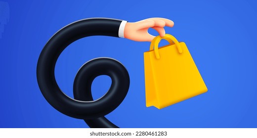 Funny long arm holds a shopping bag. Shopping and delivery concept. Vector illustration