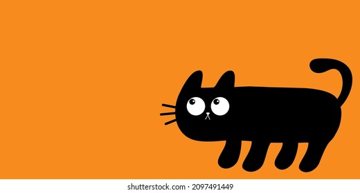 Funny long cat. Cute kawaii cartoon baby pet. Black kitten head face looking up. Happy Halloween. Greeting card print. Banner template. Flat design. Orange background. Isolated. Vector illustration
