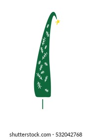 Funny long christmas tree with a star on the top. Postcard, sticker.
