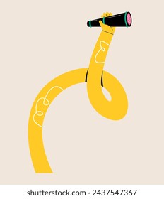 Funny long hand holding a binoculars. Colorful vector illustration