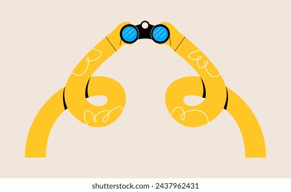 Funny long hand holding a binoculars. Colorful vector illustration
