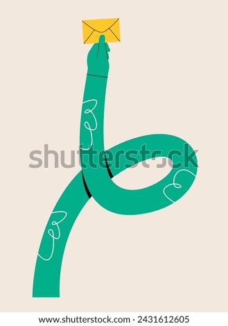 Funny long hand holding a envelope. Colorful vector illustration
