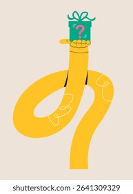 Funny long hand holding gift box with a question mark. Colorful vector illustration 