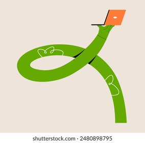 Funny long hand holding a Laptop. Colorful vector illustration 

