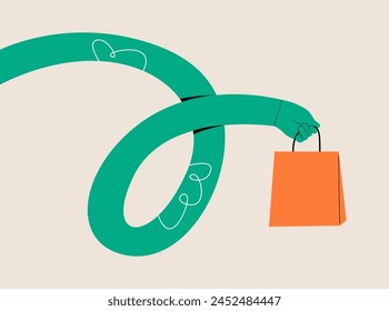 Funny long hand holding paper bag. Colorful vector illustration