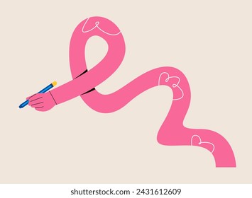 Funny long hand holding a pencil. Colorful vector illustration
