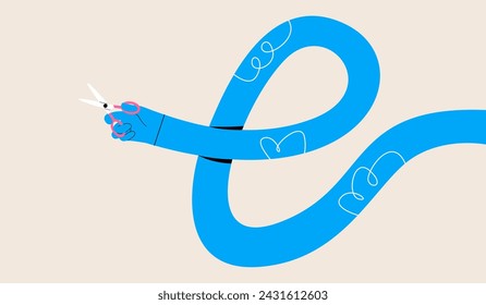 Funny long hand holding a scissors. Colorful vector illustration
