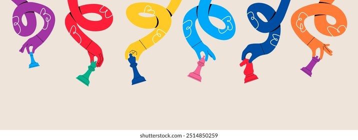 Funny long hands with chess pieces. Collaboration and cooperation, teamwork. Colorful vector illustration
