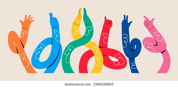 Funny long hands different elements, various finger gestures. Sales concept for advertising. Colorful vector illustration