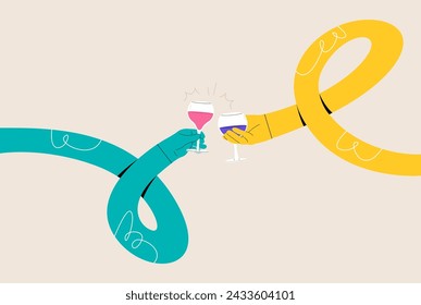 Funny long hands holding a glass of  wine. Colorful vector illustration