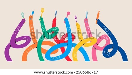 Funny long hands holding a kitchenware.Colorful vector illustration