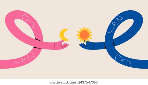 Funny long hands holding a moon and sun. Colorful vector illustration