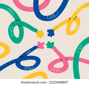 Funny long hands holding a puzzle pieces. Solution, unity, partnership concept, teamwork. Colorful vector illustration