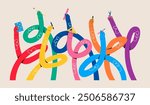 Funny long hands holding a school supplies. Book, paints, ruler, pencil, paintbrush, scissors, highlighter. Colorful vector illustration