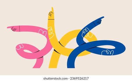 Funny long hands points to empty space. Colorful vector illustration
