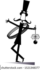 Funny long mustache chimney sweeper illustration. Mustache chimney sweeper in the top hat with the rope and chimney brush black on white
