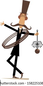 Funny long mustache chimney sweeper illustration. Mustache chimney sweeper in the top hat with the rope and chimney brush isolated on white
