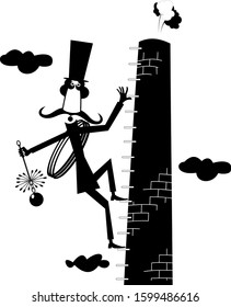 Funny long mustache chimney sweeper illustration. Mustache chimney sweeper in the top hat with the rope and chimney brush climbs on the stove pipe black on white
