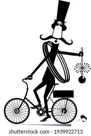 Funny long mustache chimney sweeper illustration. Mustache chimney sweeper in the top hat with the rope and chimney brush rides on the bike black on white