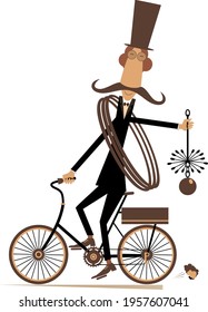 Funny long mustache chimney sweeper illustration. Mustache chimney sweeper in the top hat with the rope and chimney brush rides on the bike isolated on white