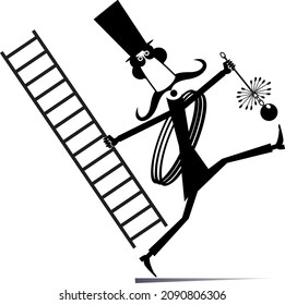Graciosa y larga ilustración del barreno de la chimenea de bigote. Caminando bigote barrenador de la chimenea en el sombrero superior con cuerda, cepillo de la chimenea y escalera negro sobre blanco