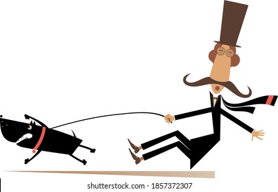 Funny long mustache and disobedient dog illustration. Cartoon long mustache man in the top tries to stop an angry dog isolated on white
