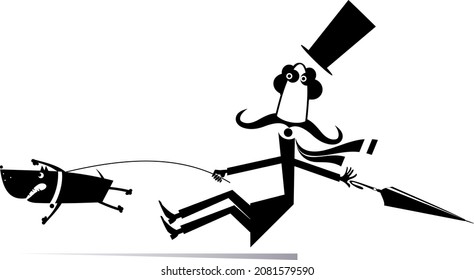 Funny long mustache and disobedient dog illustration. Cartoon long mustache man in the top with umbrella tries to stop an angry dog black on white