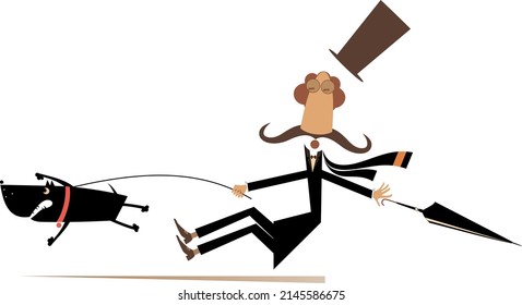 Funny long mustache and disobedient dog illustration. Cartoon long mustache man in the top tries to stop an angry dog isolated on white background