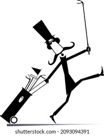 Funny long mustache man goes to play golf illustration. 
Cartoon long mustache gentleman in the top hat holds a golf club and a golf bag black on white background
