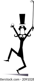 Funny long mustache man plays golf illustration. 
Cartoon long mustache gentleman in the top hat holds a golf club and a ball black on white background
