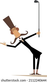 Funny long mustache man plays golf illustration. 
Cartoon long mustache gentleman in the top hat holds a golf club and a ball isolated on white background
